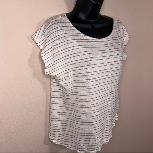 Large Cynthia Rowley Linen Striped Top Short Sleeve Ivory White Pink Blue - Picture 7 of 12